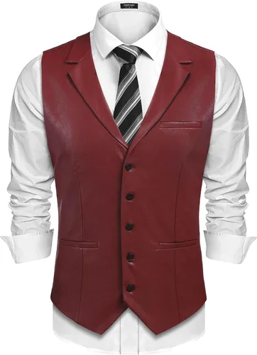 Vista 8 de COOFANDY Chaleco de Traje de Cuero para Hombre de Corte Ajustado Chaleco Occidental Casual Chaqueta Chaleco Ligero con Cuello en V Chalecos