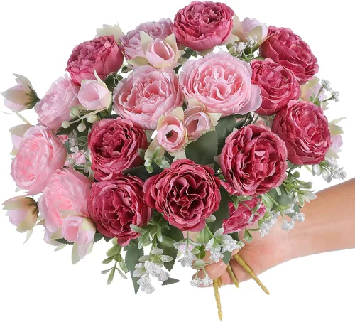 Vista 17 de 2 racimos de flores artificiales de peonía beige, ramo de peonías de seda para bodas, fiestas, centros de mesa, arreglos florales, decoración