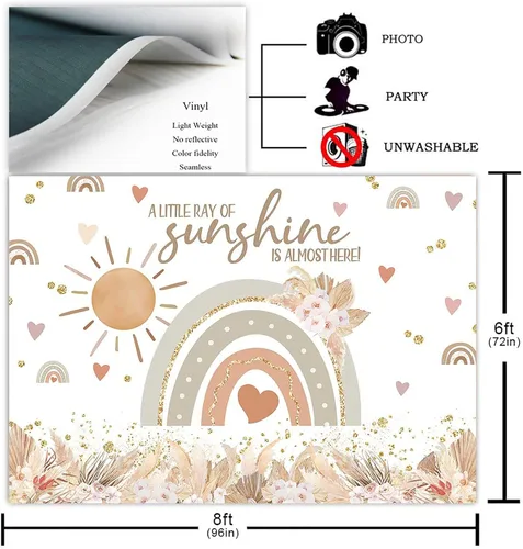 Vista 2 de Avezano Telón de fondo bohemio para baby shower, césped de las pampas, fondo bohemio para fotografía de fiesta con arco iris y sol, decoración