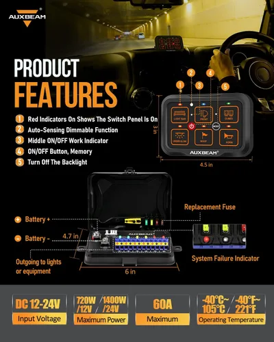 Vista 5 de Panel de interruptores Auxbeam de 6 bandas Bluetooth RGB AR-600 con modos de palanca momentáneos y pulsados, pod de interruptor multifuncional