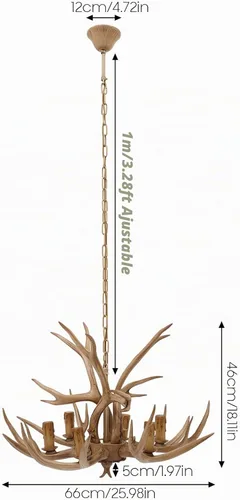 Vista 3 de TFCFL Candelabro de Astas, Lámpara Colgante de 6 Astas Estilo Rústico Retro Candelabro de Cuerno de Ciervo con Base E12, Lámpara de Astas con Altura