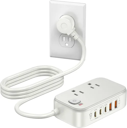 Vista 10 de Regleta de alimentación de viaje, estación de carga USB rápida de 65 W, cargador USB 7 en 1 máximo con 2 tomas, 3 USB C y 2 USB A, cable de Negro
