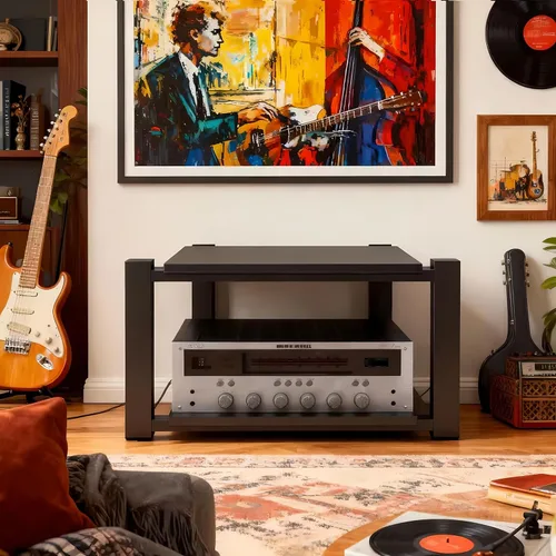 Vista 3 de Av - Estante de audio resistente, soporte para reproductor multimedia con estantes de madera, gabinete de equipo estéreo de CD negro, adecuado