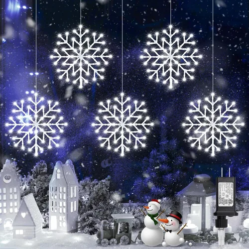 Vista 6 de Luces de Navidad Brightown estilo carámbano para exterior - Enchufe de 3.2 m, 5 gotas, 240 LED, luz de ventana con forma de copo de nieve con 8