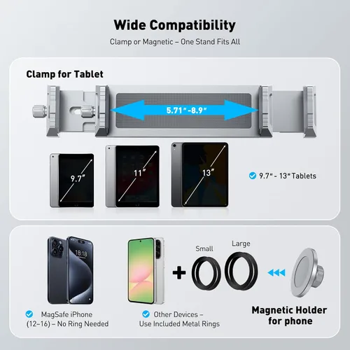 Vista 4 de AboveTEK Soporte para iPad 2 en 1 para escritorio, brazo de aluminio para iPad con abrazadera y cabezal de anillo magnético, soporte ajustable