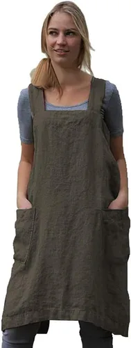 Vista 2 de WROLEM Delantal con espalda cruzada para mujer, con bolsillos grandes, cocina para el hogar, restaurante, cafetería, trabajos de jardinería Verde