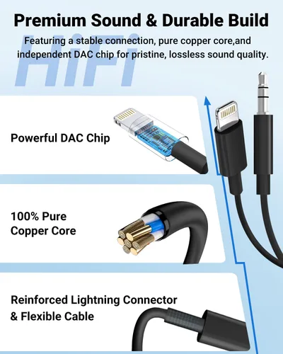 Vista 3 de Cable auxiliar para iPhone, [Certificado Apple MFi] Cable AUX Lightning a 3.5 mm para estéreo de coche, altavoz, auriculares, cable de audio