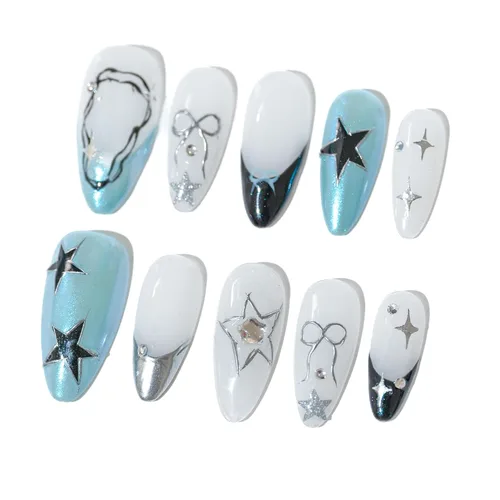 Vista 11 de Sun&Beam Nails Dije hecho a mano de almendra media larga con diseño de diamante de color nude, lindas puntas de uñas postizas, 10 unidades (#99 S)