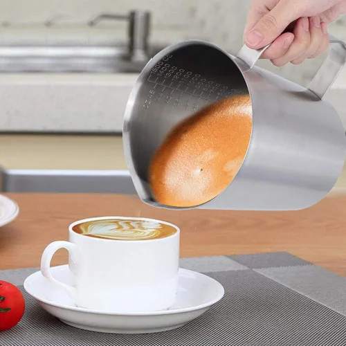 Vista 7 de Jarra de espuma de leche de acero inoxidable, jarra grande con escamas espumador de leche, taza de vaporizador, taza de crema, jarra de vertido