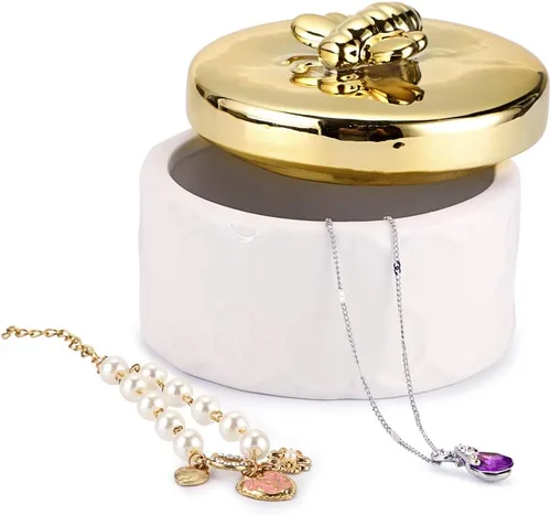 Vista 3 de Hipiwe Joyero de cerámica con tapa de abeja dorada, organizador de exhibición de joyas pequeño, contenedor de almacenamiento para decoración