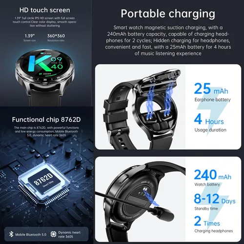 Vista 7 de Tuanzi X10 2 en 1 Smart Watch con auriculares 1.39 pulgadas Smartwatch TWS Bluetooth Auricular Monitor de salud Sport Watch Fitness Tracker