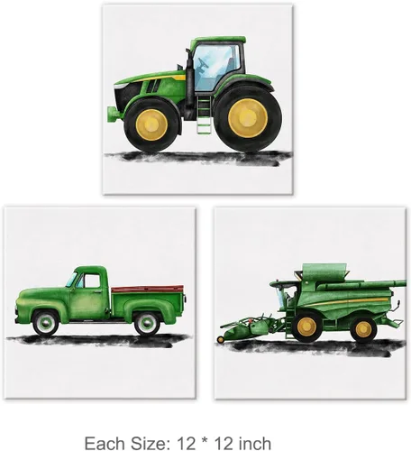 Vista 2 de Juego de 3 cuadros enmarcados para decoración de pared de tractores y viejos camiones de granja, cuadros en lienzo, cuadros para el hogar, niños