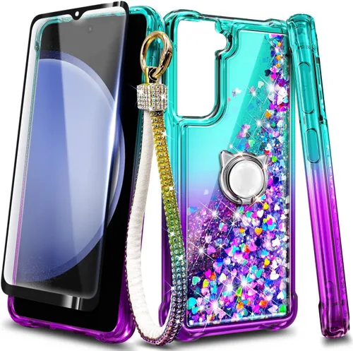 Vista 7 de Funda compatible con Samsung Galaxy S24-FE Aqua/Purple Funda líquida flotante con purpurina linda con protector de pantalla de vidrio templado