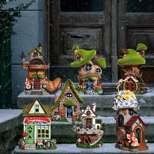 Vista 7 de Estatuas de casa de hadas de resina ASAWASA con luces solares, esculturas de jardín divertidas con decoración flocada y adoquinada, exquisitas