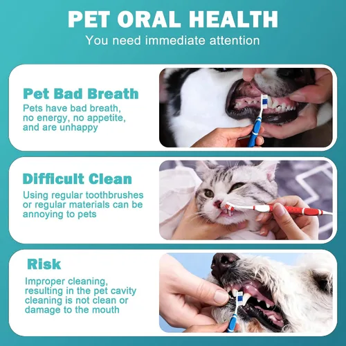Vista 4 de 4 cepillos de dientes profesionales para mascotas, cerdas suaves para perros y gatos, juego de cabezales de cepillo de doble cara, dientes