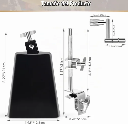 Vista 2 de 15 cm de cencerro y abrazadera de cencerro, cencerro para set de tambores, soporte de cencerro percusión, soporte ajustable de cencerro para aro