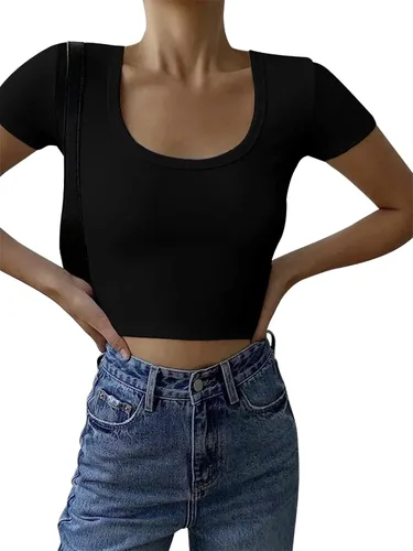 Vista 2 de Y2K - Camisetas cortas para mujer, de verano, sexy, lindas, de algodón, acanaladas, recortadas, camisetas básicas