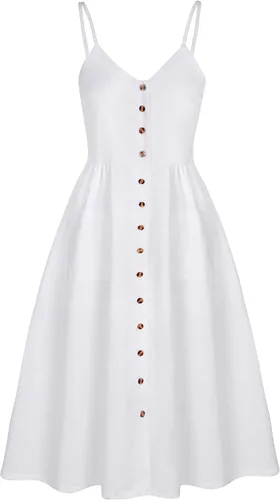 Vista 21 de Angashion - Vestido floral de verano estilo bohemio para mujer, con botones, bolsillos y tiras ajustables