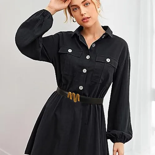 Vista 266 de Cinturón de cuero clásico con hebilla de metal para mujer con vestido de jeans