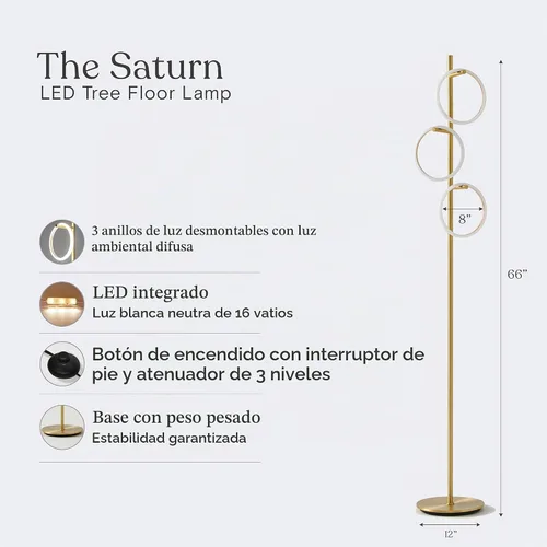 Vista 5 de Brightech Saturn - Lámpara de pie LED, diseño único que combina con decoración moderna y contemporánea, lámpara alta de 3 luces para sala Luz blanca