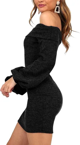 Vista 3 de olinase Vestido de punto de manga larga con hombros descubiertos, estilo bodycon elegante