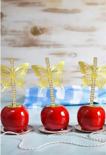 Vista 5 de 24 palitos de manzana con calcomanías de mariposa, color dorado