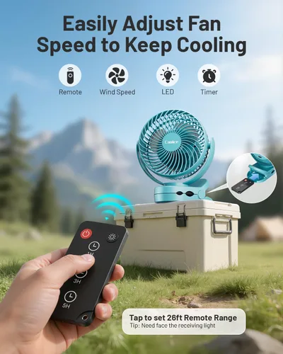 Vista 4 de Ventilador de camping con control remoto, ventilador de batería recargable de 12000 mAh, ventiladores de campamento para tiendas de campaña con luz