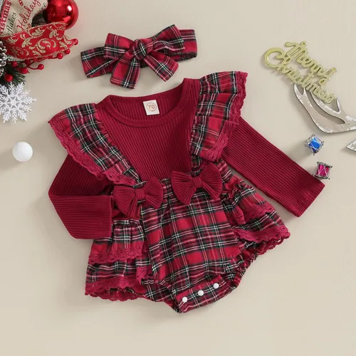 Vista 8 de Mubineo Conjunto de mameluco de Navidad para bebé niña con volantes para otoño e invierno