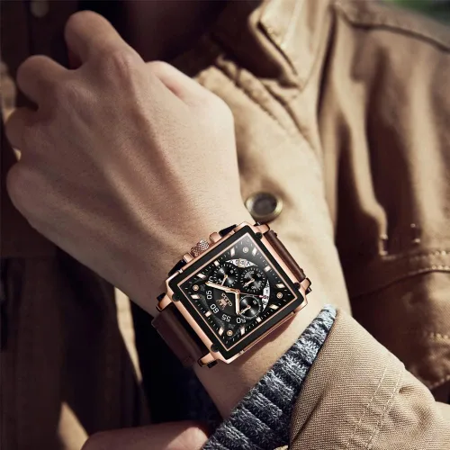 Vista 2 de OLEVS Reloj analógico de cuarzo para hombre, correa de cuero, reloj de cuarzo analógico, a la moda, esfera grande, impermeable, vestido luminoso