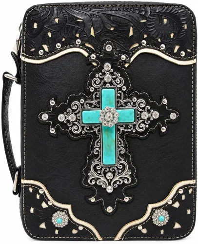 Vista 6 de Funda de la Biblia con versículo bordado de estilo occidental para mujer, bolsa de mensajero con correa extra Turquoise Cross, Full-Zip Protection