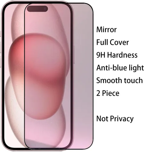 Vista 7 de Paquete de 2 protectores de pantalla de espejo de vidrio templado anti-azul para iPhone 15 Plus/iPhone 16 Plus 6.7 pulgadas, morado