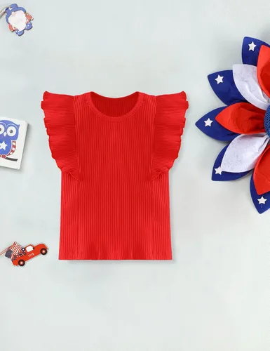 Vista 3 de Conjunto de falda para el Día de la Independencia para niña del 4 de julio, camiseta de manga voladora, falda con botones y bandera estadounidense