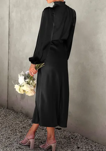 Vista 3 de BTFBM Vestido de satén con cuello alto falso para mujer, para primavera y verano, manga larga, ligero, formal, para boda, fiesta, maxi vestidos