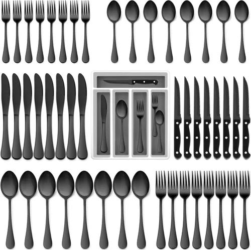 Vista 9 de E-far Juego de cubiertos negros de 24 piezas con cuchillos para carne, cubiertos de acero inoxidable para 4, modernos juegos de utensilios de metal