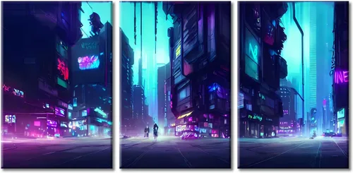 Vista 24 de Cuadros de 3 paneles de Cyberpunk City - Arte de pared de vallas publicitarias de edificios modernos en la capital con obras de arte modernas