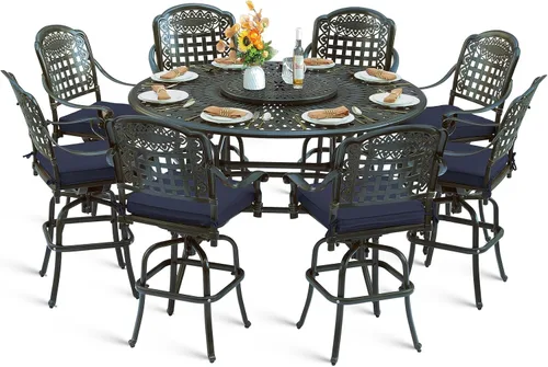 Vista 20 de Juego de barra para exteriores de 10 piezas, muebles de bar de aluminio fundido para todo tipo de clima con 8 taburetes de bar giratorios Bronce