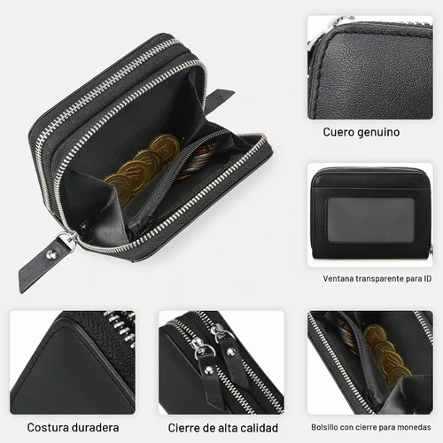 Vista 5 de KM Legend Cartera para mujer, delgada, con bloqueo RFID, tarjetero con ventana de identificación, monederos compactos con doble cremallera para Negro