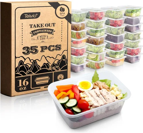 Vista 9 de Teivio Paquete de 20 recipientes de plástico reutilizables para preparación de comidas, 1 compartimento con tapas, contenedores de plástico Bento