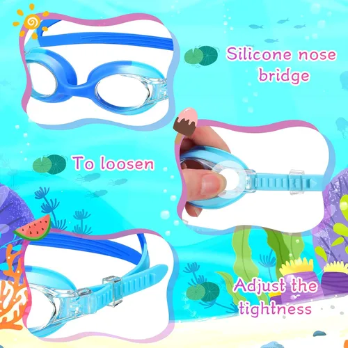 Vista 3 de Macarrie 6 gafas de natación para niños, sin fugas, antiniebla, para niños y niñas, con clip para la nariz, tapones para los oídos, de 3 a 14 años