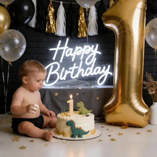 Vista 3 de Letrero de neón de feliz cumpleaños para decoración de pared, letrero con luz LED regulable Feliz cumpleaños-blanco