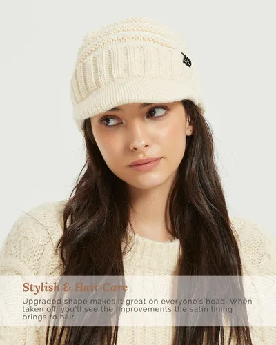 Vista 6 de Hat Hut Gorros de invierno para mujeres y hombres, con forro de satén, gorro de invierno para mujer, gorro con visera de ala
