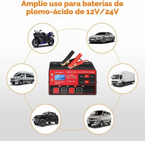 Vista 7 de Outerman - Cargador de batería de automóvil, 12 V, 24 V, de plomo-ácido, pantalla LCD, mantenimiento automático de batería inteligente