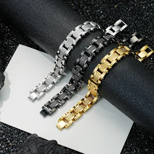Vista 3 de Hombres Pulsera de acero inoxidable hombres pulsera negra Enlace diamante plata pulsera partículas azules joyería hombres cadena cajas de regalo