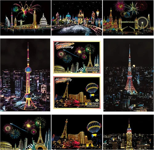 Vista 10 de Postales artísticas de pintura de arco iris, arte para rascar y bosquejar para niños y adultos, pintura para raspar, regalo creativo, grabado