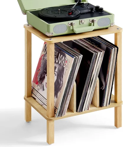Vista 9 de LELELINKY Soporte para tocadiscos de 2 niveles con almacenamiento de discos de vinilo hasta 100 álbumes, soporte para discos de dormitorio y mesa