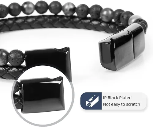 Vista 6 de Desiroman Pulseras de cuentas y cuero para hombre, con ojo de tigre, piedra de lava, para hombres y mujeres, con cierre magnético de acero