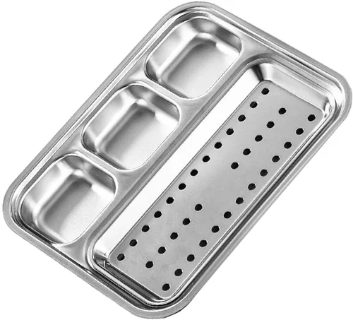 Vista 7 de Paquete de 2 bandejas rectangulares divididas de acero inoxidable, 4 secciones, platos dorados para servir platos llanos para adultos, campistas