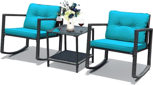 Vista 11 de DORTALA Juego de muebles de patio de 3 piezas, mecedora de ratán y mesa de centro de cristal con cojines, juego de 3 muebles de mimbre
