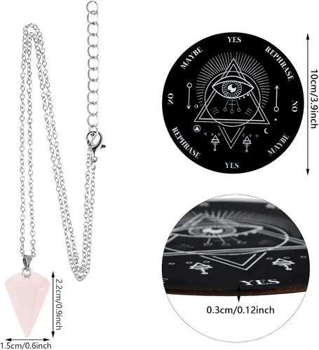 Vista 3 de Jetec Juego de tablero de péndulo de madera para radiestesia, mensaje metafísico con collar de péndulo de divinidad de cristal para suministros