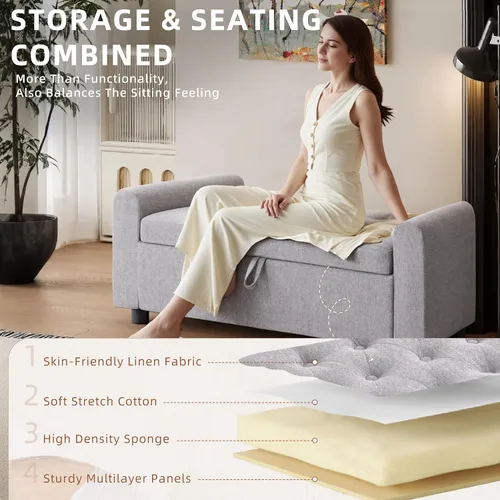 Vista 6 de 48" Ottoman with Storage, Tufted Storage Ottoman Bench, Convenient Living Room Fabrics Bench Seat, Entryway Shoe Benches with Inner Zipper & Arm